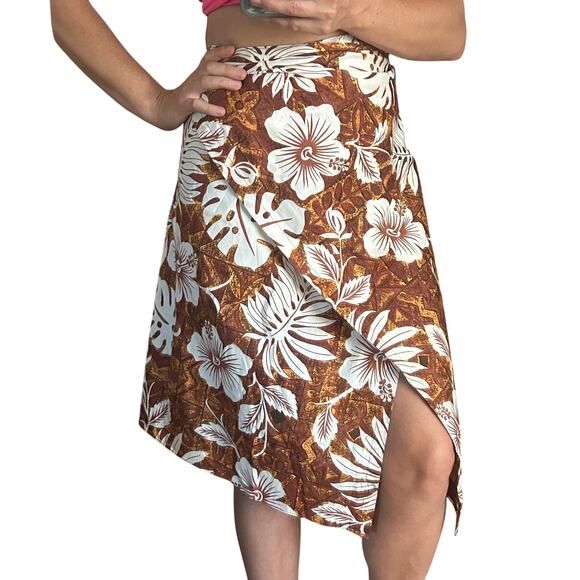 Vintage Hawaiian palm one size brown hibiscus floral wrap ski skirt cover-up - Picture 6 of 13